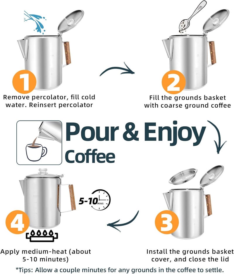 Mereza Camping Percolator Coffee Pot 12 Cup Stove Top Coffee Percolator Non Electric Coffee Maker Camping Stainless Steel Coffee Pot Outdoors Home No Aluminum & Plastic Fast Brew - Image 5